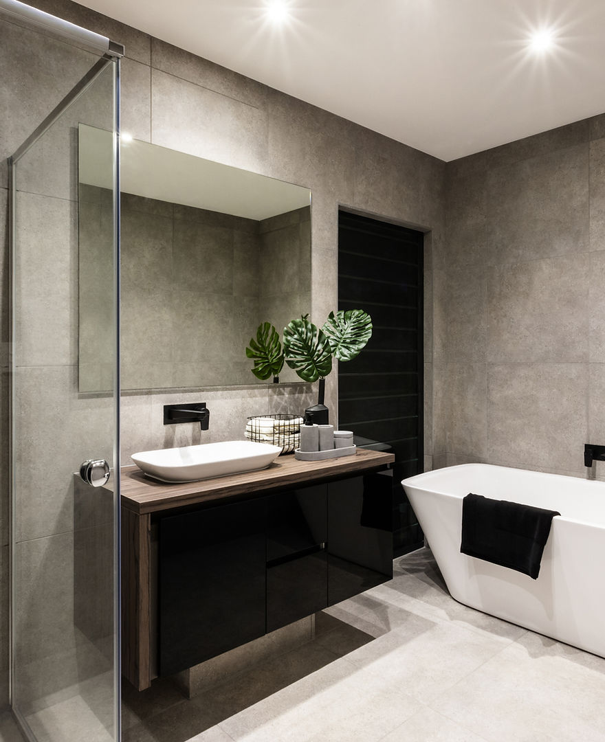 Luxury modern bathroom renovation with freestanding bathtub